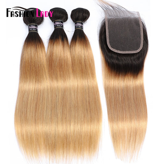 FASHION LADY Pre-Colored Ombre Human Hair Malaysian Hair Bundles With Closure Straight 1B/27 Bundles With Closure 3Pcs Non-Remy